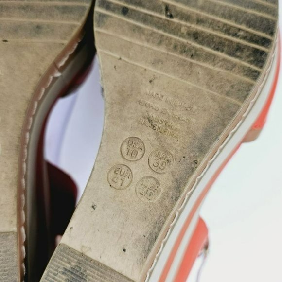 Malu Wedge Sandals 10 Super Comfort Orange Tan Stripe Tall Open Toe Ankle Straps - Picture 2 of 13